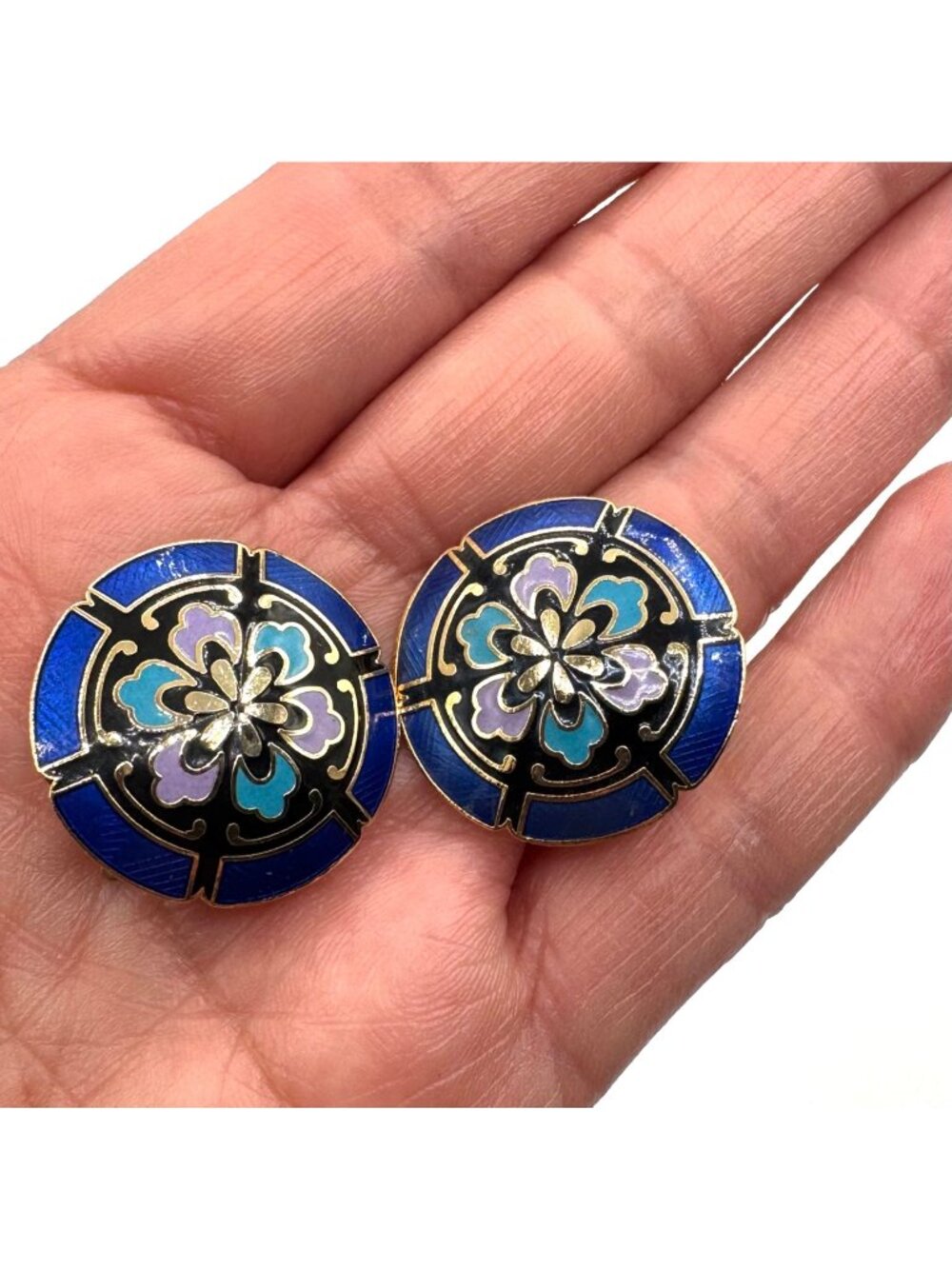 Vintage Blue Purple Gold Tone Enamel Flower Earrings